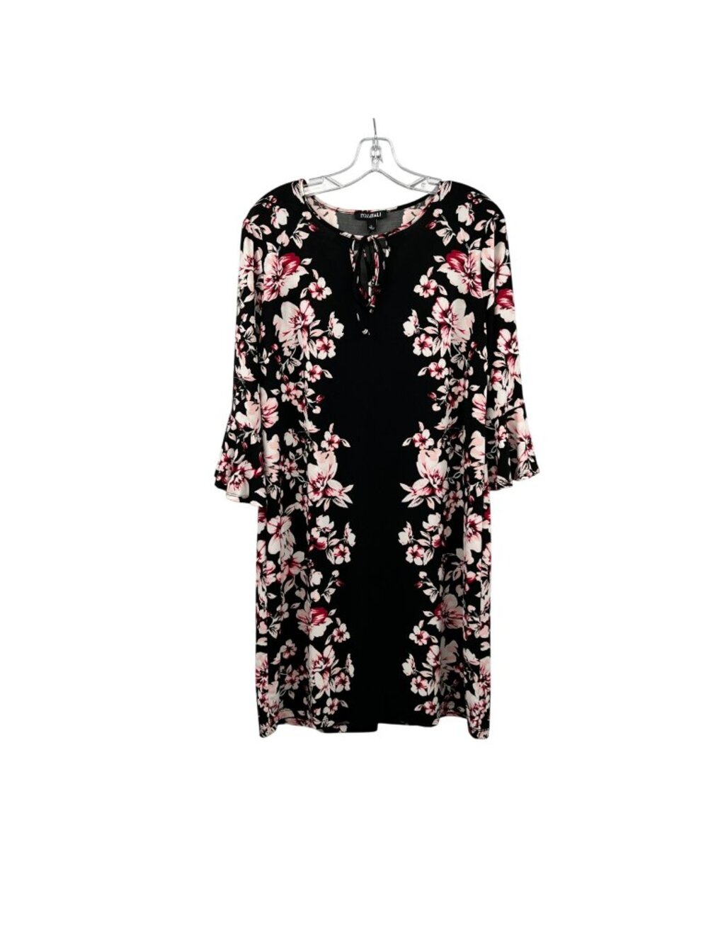 Roz & Ail Floral Sheath Dress 3/4 Sleeve Ruffle Cuff Black/Multi Size Large